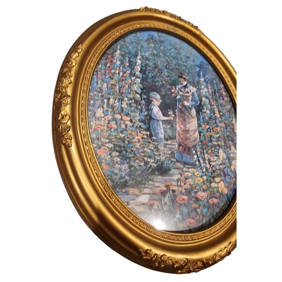 Victorian Style Oval Framed Floral Garden Scene Print With Gold Ornate Frame - Picture 5 of 11